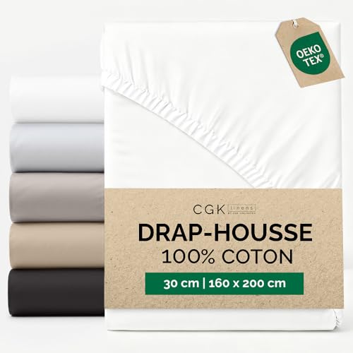 Drap Housse Grand bonnet 160x200 cm - 100% coton doux 400 fils - Pour matelas épais jusqu’à 30 cm (12