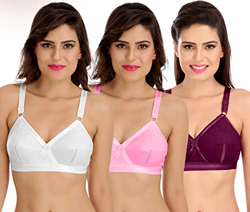 Image of SONA Women's Cotton Non-Padded Non-Wired Full Coverage Bra (White-Pink-Wine 42B) Pack of 3
