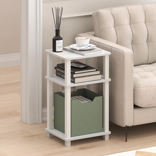 Image of Furinno JUST Side Table, 3-Tier Open Shelf End Table, Toolless Assembly Night Stand, Bedside Table with Square Tube, for Living Room, Bedroom, White