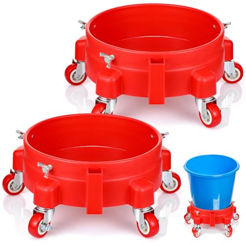 Datanly 2 Pcs 5 Gallon Bucket Dolly with 5 Swivel Wheel Casters 11.42'' Car Wash Bucket Dolly Round Plastic Dollies for Car Washing Garage Construction Flowerpot (Red)