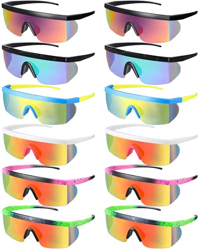 Kanayu 12 Pairs Neon Retro Semi Rimless Sunglasses 80s 90s Goggle Retro Rave Shades Sports Sunglasses for Adult Youth Teens
