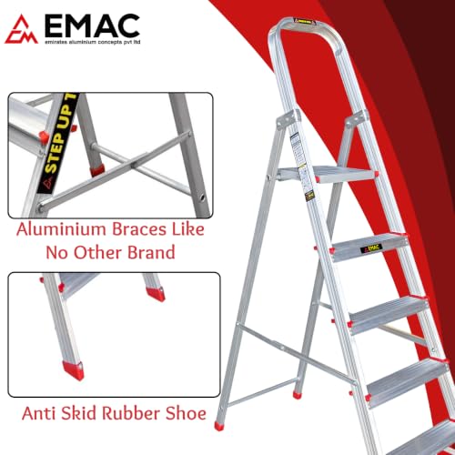 Image of EMAC Aluminium 6 Steps Folding Ladder for Home, Shops and Office Use Slip Resistant Aluminium Ladder (with Platform)