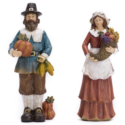 Valery Madelyn Fall Decorations for Home 2 Pcs Couple Fall Decor for Table Indoor Outdoor Resin Thanksgiving Decorations Garden Pumpkins Pilgrim Figurines for Autumn Harvest Porch Tiered Tray 7.1