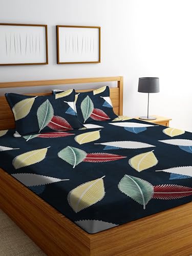 Image of DECORUM Glace Cotton Fitted 1 Bedsheet King Size (72 inchx78 inch) | All Around Elastic | Cotton Feel | 2 Pillow Covers (17 inchx27 inch) | Fits Up to 8 inch Mattress | 200-220 TC | Printed Double Bed Sheet Set