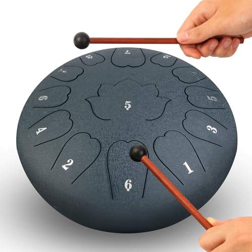 Image of Steel Tongue Drum - 12-Inch 13-Notes Tongue Drum, D Major Outdoor Rain Drum With Tote Bag, Music Book, and Hand-Held Drumsticks (navy blue)