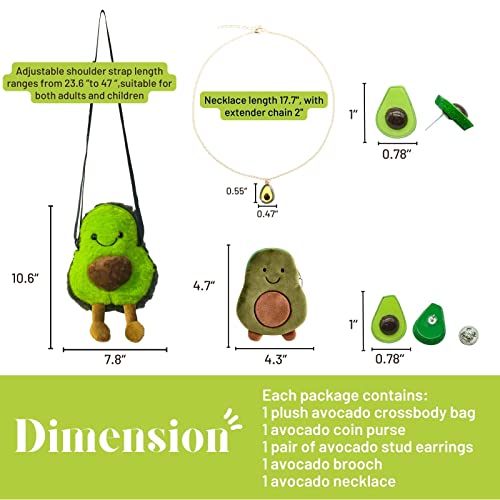 Fabmode 5Pcs Avocado Bag Gift Set Plush Crossbody Shoulder Bag Cute Cartoon Avocado Messenger Fruit Purse Avocado Gifts For Women Girls With Adjustable Strap Avocado Necklace Earrings Brooch Pin #TOP1