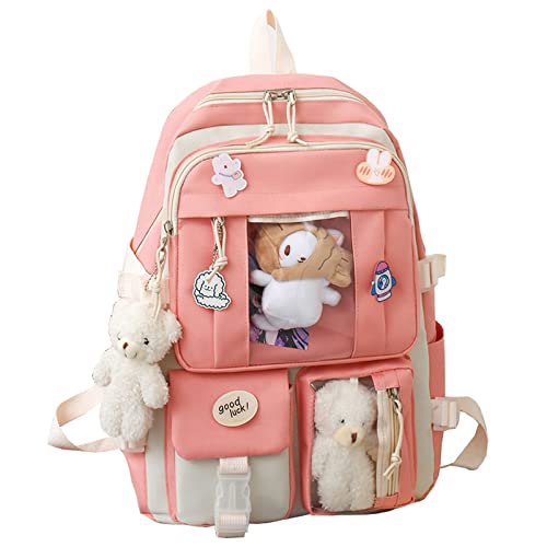 Mochila Preppy, mochila Kawaii con pin Kawaii y accesorios para niñas, mochila estética bonita para la escuela, Rosa