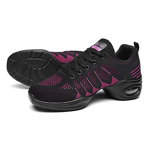 Women's Jazz Shoes Lace-Up Sneakers - Breathable Air Cushion Lady Split Sole Athletic Walking Dance Shoes Platform Black&Pink,8.5 #TOP5