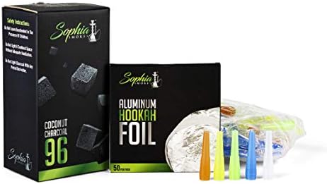 Hookah Accessories Set - Hookah Smoke Bundle by Sophia Smokes (Includes 50 Mouthpieces, 50 Sheets of Poked Aluminium Foil and 96 Coconut Charcoals)