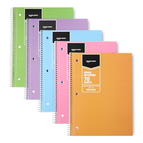 Amazon Basics Wide Ruled Spiral Notebooks, 8' x 10-1/2', 70 Sheets, Assorted Pastel Solid Colors, 5 Pack