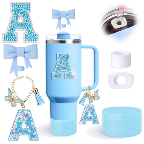 6pcs Blue Stanley Cup Accessories Set Bow Straw Topper for Stanley Cup 30oz 40oz Including Straw Topper and Sparkly Silicone Boot Stoppers Spill Proof Handle Charm Initials Sticker