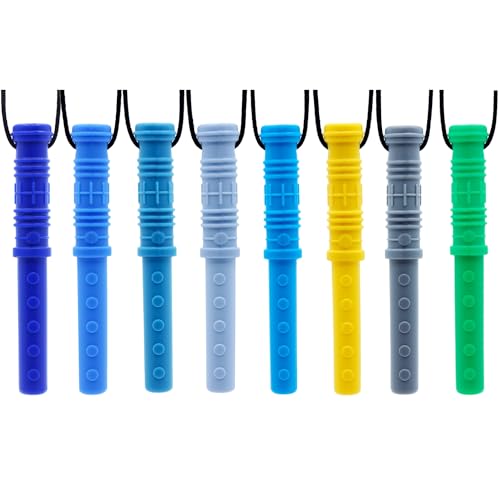 GNAWRISHING Chew Necklaces for Sensory Kids 8 Pcs Sensory Chewy Toys for Autism Boy, ADHD Toddler, Adult(8pcs Cylinder Shape for Boy)