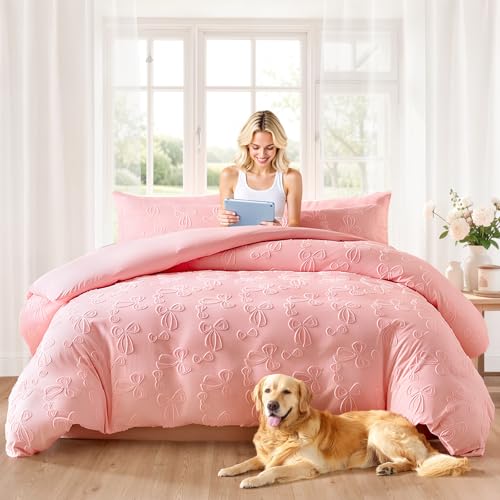 Image of 7 Pieces Bow Comforter Set for Girls Kids Pink Tufted Boho Bedding Set Twin Size Farmhouse Bed in A Bag as Gifts (1 Comforter, 1 Flat Sheet, 1 Fitted Sheet, 2 Pillowcase and 2 Pillow Sham)