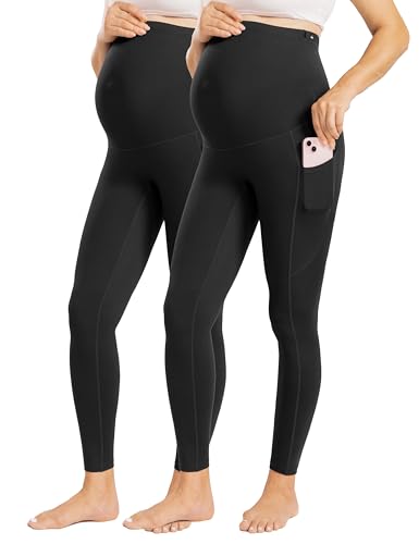 Image of ENERFUL Womens Maternity Leggings with Pockets Workout Legging Pants Buttery Soft Pregnancy Active Wear Yoga Tights
