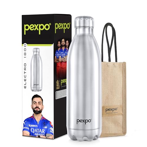 Pexpo Stainless Steel 24 Hrs Hot & Cold Water Bottle-Advance Tri-ply Vacuum Insulated Flask, Double Walled, Leakproof, (Pack of 1, Silver Color, Capacity 1800 ml, Electro Bottle with Jute Bag)