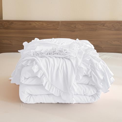 QSH 3PCs Farmhouse Bright White Ruffled Comforter Queen Size,Shabby Boho Chic Ruffle Bedding Comforter Set Queen Lightweight French Country Comforter Ultra Soft Microfiber Vintage Rustic Bedding by QSH - Used condition - Image 7