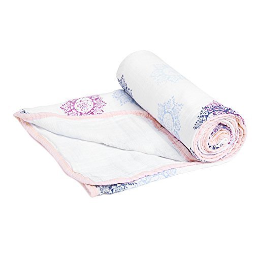 Image of aden + anais Aden Stroller Blanket, 100% Cotton Muslin, 2 Layer Lightweight and Breathable, 27.5 x 27.5 inch, Pretty Pink Medallions