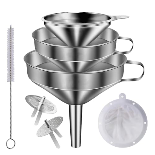 Lmoszuak Stainless Steel Funnels for Kitchen use,3PCS Kitchen Metal Funnel with 2 Removable Strainer,Cleaning Brush,200 Mesh Food Filter,Funnel for Filling Bottles,for Transferring of Liquid,Oils,Jam