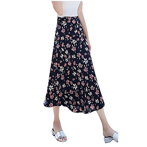 Henwerd Womens Summer Casual Skirt Boho Print High Waist Chiffon Flowy Side Split Mid-Calf Skirt (B,Free Size)