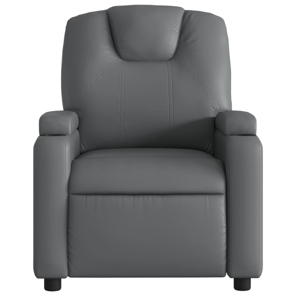 Fotel relaksacyjny, szary, sztuczna skóra z regulowanym oparciem i podnóżkiem, ergonomiczny fotel wypoczynkowy z drewnianą metalową ramą, tapicerowany, do salonu, biura, relaksu i czytania