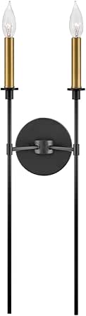 Lark Hux by Hinkley 83072BK Two Light Candle Wall Sconce, Traditional Torch, Slender and Elongating, Black and Lacquered Brass