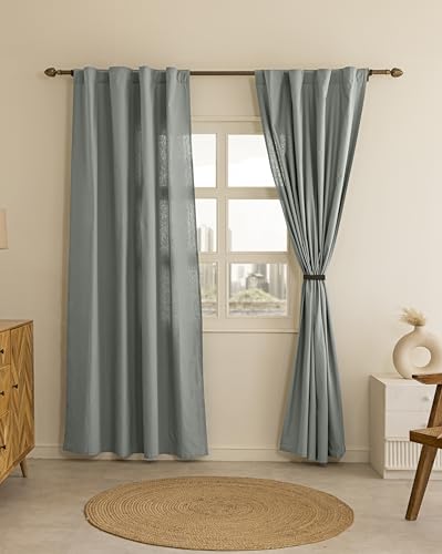 Image of THE LINEN COMPANY Cotton Curtains 7 Feet Long for Door, Solid Duck Canvas Curtains, 7ft Set of 2, Light Grey
