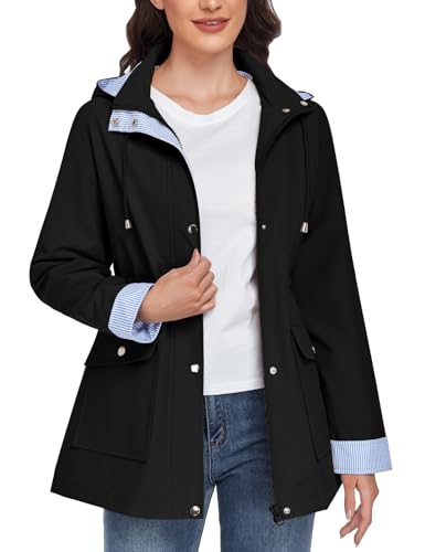 CMTOP Waterproof Jacket for Women Lightweight Hooded Jackets Casual Softshell Jacket with Striped Lining Functional Outdoor Windbreaker Breathable Rain Coat with Pockets(Black, M)