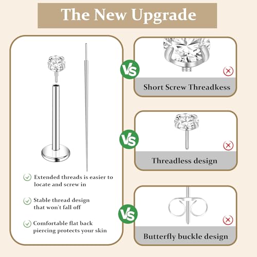 ONESING 16G 20G Flat Back Nose Stud Internal Thread Flat Back Earrings Hypoallergenic Titanium CZ Tragus Helix Cartilage Conch Nose Earrings Stud Piercing Jewelry for Women Men3