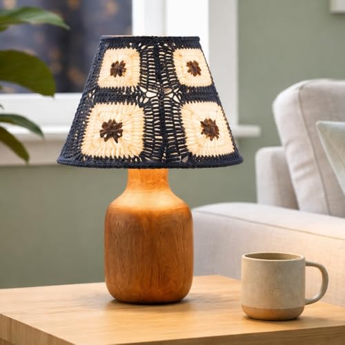 Image of The Decor Mart Crochet Shade Table Lamp with Wooden Base|Sleek Decor Decorative Beside Light for Desk,Bedroom, Living Room, Home Office and Hotel(20x20x30 cm) (Navy Blue)