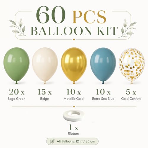 Image of Green Blue Balloons Sage Beige Gold Balloons Jungle Woodland Party Decorations Dusty Blue Green White Balloon 60pcs 12inch Latex Balloons Gold Confetti Helium Safari Wild One Dino Birthday DIY
