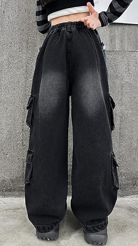 Joe Wenko Girls Denim Cargo Pants Baggy Y2K Wide Leg Jeans with Multi Pockets3