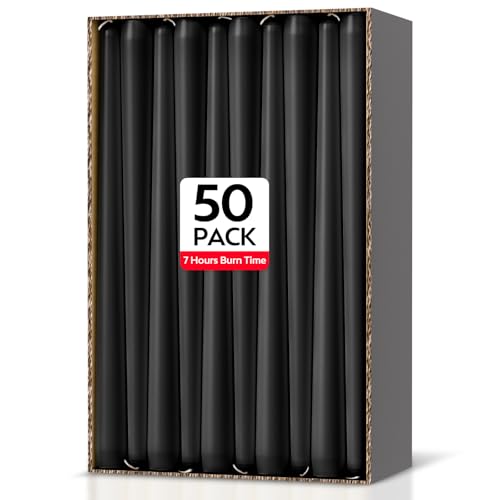 Taper Dinner Candles 50 Pack Black Non-Drip Table Candlesticks Unscented 7-Hour Burn Time Paraffin Wax with Cotton Wicks Long-Burning Tapered Candles