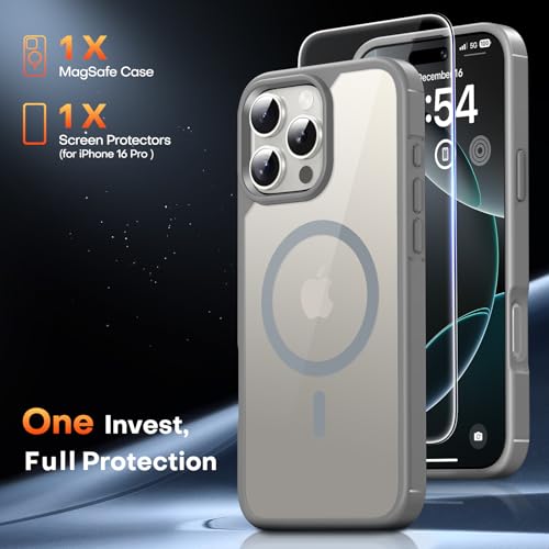 Image of TAURI for iPhone 16 Pro Case, Compatible with MagSafe, Grey | with Screen Protector, Not-Yellowing Military-Grade Protection, Shockproof Slim Magnetic Case for iPhone 16 Pro
