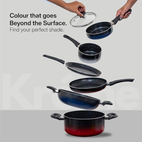 Image of Kreme Aura Granite Non Stick Cookware Set 10pcs | Aluminium Cookware Set | Fry Pan 20cm, 26cm, Sauce Pan 16cm, 18cm, Casserole Pot 20cm with 3 Glass Lid | Induction & Gas Compatible, Blue | Granite Cookware Set