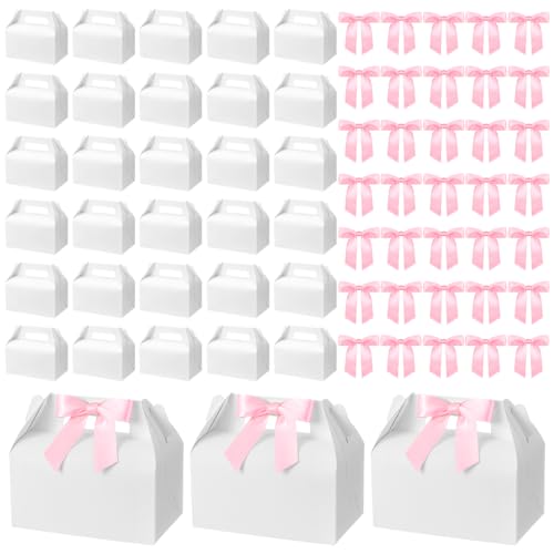 Jaloro 60 Pcs Bow Treat Boxes White Treat Gift Boxes with Satin Ribbon, Coquette Bow Themed Candy Box for Party Favor Snacks Cookie Wedding Birthday Bridal Baby Shower 6.4 x 3.6 x 3.2 Inches(Pink)