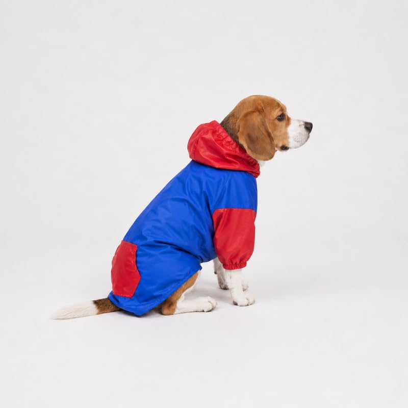 Image of Thunder Tails Dog Raincoat Waterproof Jacket for Dogs with Hood | Double Layer Water Resistant Polyester, Adjustable Fit, Snap Button Closure, Lightweight Pet Rain Wear (Royal Blue /Red, L)