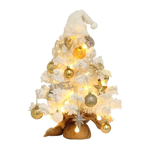 18 Inch Small Table Top Artificial Christmas Tree with LED Lights & Ball Ornament & Music Box, Mini Tabletop Battery Operated Xmas Tree for Holiday Home Desk Indoor DIY Christmas Decor (White)