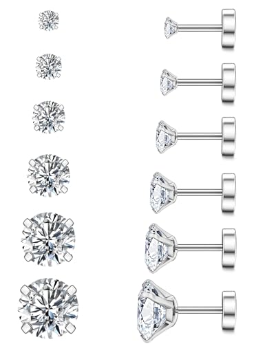 WSSXC 20G Hypoallergenic Flat Back Earrings for Women Men Silver 14K Gold Stainless Steel Stud Earrings Brithstone Cubic Zirconia Studs Surgical Steel Cartilage Earrings for Sensitive Ears