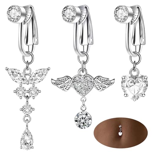 COSUCOS Fake Belly Button Ring Clip-On - 3Pcs Silver Butterfly Navel Belly Clip with Cubic Zirconia, Earrings or Clip on Belly Button Rings for Women Cool Party Birthday Accessories
