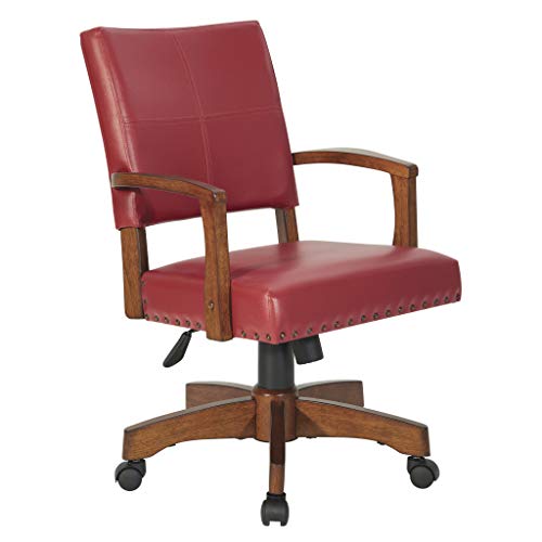 OSP Home Furnishings Deluxe Wood Bankers Desk Chair with Faux Leather and Antique Bronze Nailheads, Red