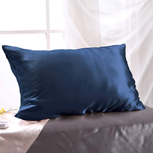 THXSILK 100% Natural Mulberry Silk Pillowcase for Hair and Skin Luxury 25 Momme 1 Pcs Silk Pillow Cases with Hidden Zipper Closure, Cal. King Size, Navy Blue
