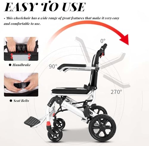 Faltbarer leichter Rollstuhl bis 150 kg Tragfähigkeit, Transportstuhl für Zuhause und Reisen, Aluminiumrahmen, 41 cm Sitzbreite