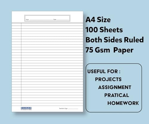 Image of KAANUKA A4 Size Both Side Ruled Sheets | 100 Sheets | 75 GSM Premium Paper | For School, College & Office Use | Writing, Projects, Assignments, Practicals, Homework