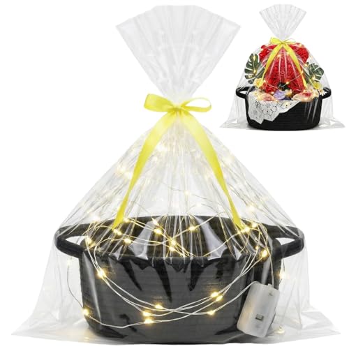Geschenkkorb Leer mit LED Korb für Geschenke Präsentkorb Leer Geflochten mit Geschenktüten und Bändern Aufbewahrungskorb Deko für Geburtstag Babyparty Hochzeit Ostern Weihnachten - 30x20x12cm