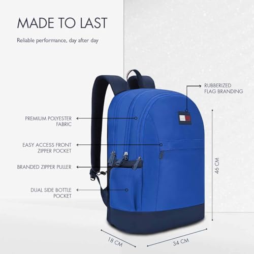 Image of Tommy Hilfiger Professional School Backpack Stud - Wedge Blue+Navy | Durable Water-Resistant Bag for Teens with Signature Metal Logo | 3 Compartments | Integrated Rain Cover | 30L Capacity