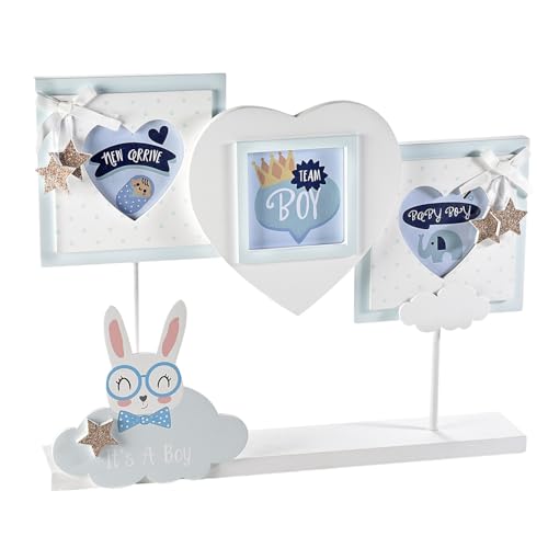 Gruppo Maruccia Portafotos de madera para bebé con conejo, marco para 3 fotos de apoyo, habitación de bebé, idea de regalo para baby shower y nacimiento