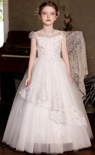 Tulle First Communion Dress for Girls Lace Applique Flower Girl Dresses for Wedding Long Ball Gown with Bow2