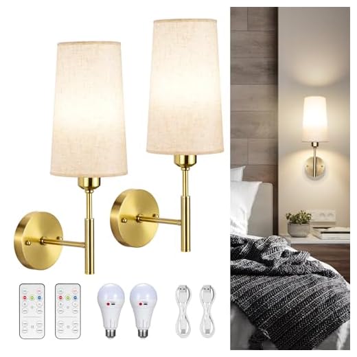 Glitnous Battery Operated Wall Sconce, Rechargeable Wall Sconce with Remote, Dimmable Wireless Wall Sconces Set of 2, Battery Wall Sconce, No Wiring Gold Wall Lamp/Light Set of 2 for Bedroom, Linen