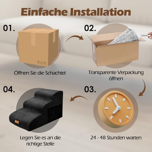 Eukue Hundetreppe 3 Stufen, Hundetreppen für Kleine Hunde und Katzen, Tragbare Hunderampe für Bett und Sofa, Hochdichtem Schaum Haustiertreppe mit Bezug und Tasche, Schwarz