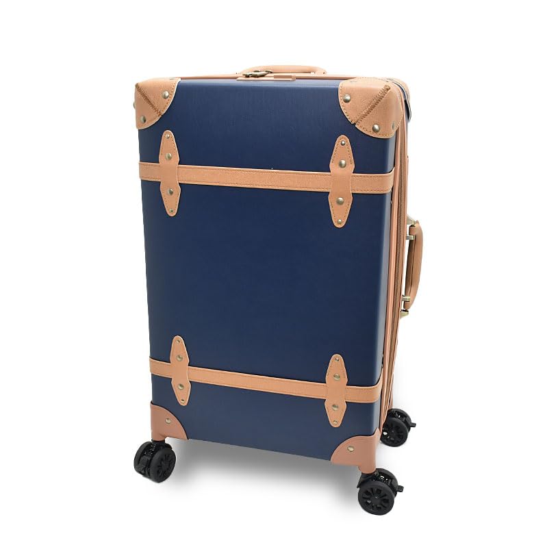 Expandable Vintage Trolley Luggage 2tone Faux Leather with TSA (Navy × Beige, M)
